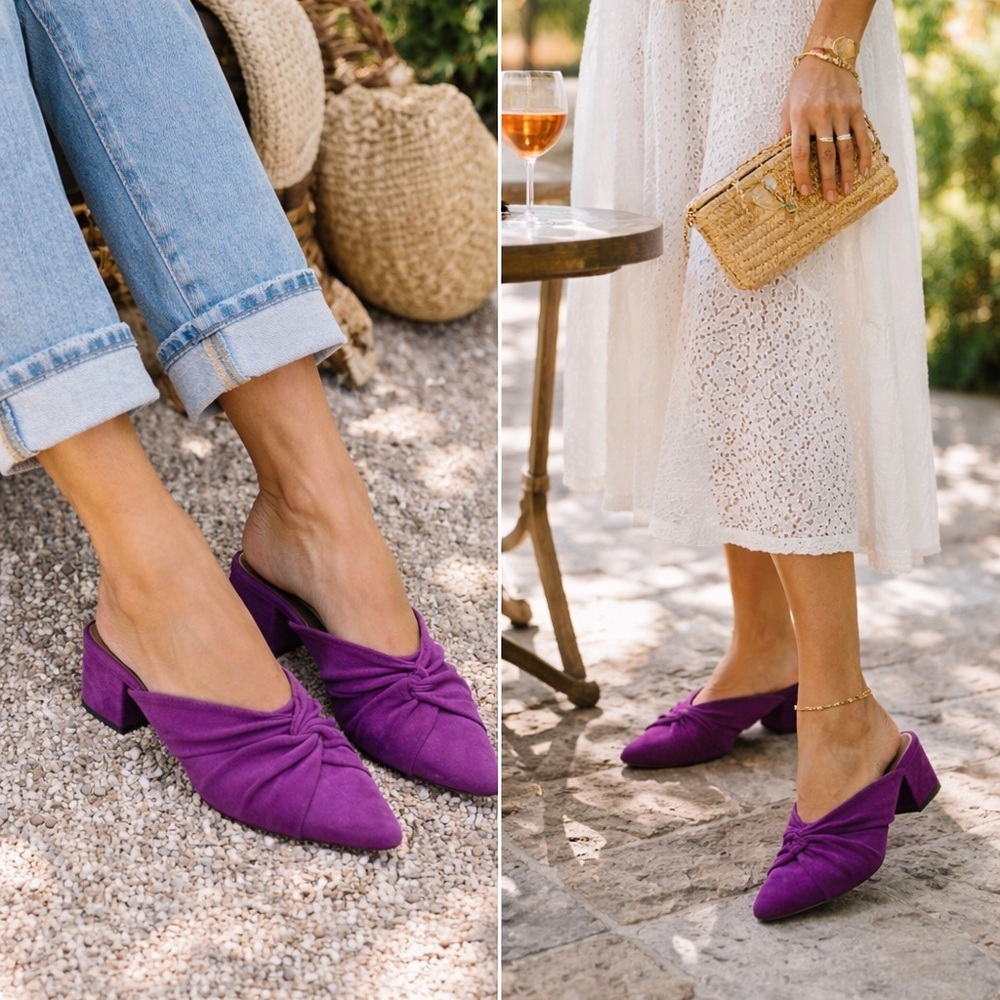 Splendid Lanis Suede Mule Dark Plum Purple Knot Pointed Toe Block Heel Slide
